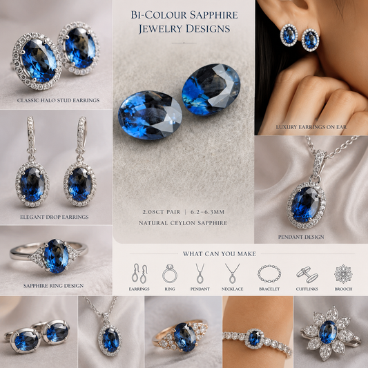 Natural Bi-Color Sapphire Pair 2.08ct | Rare Ceylon Blue Yellow Sapphire Matching Pair | Oval Eye Clean Loose Gemstones for Earrings Jewelry Making