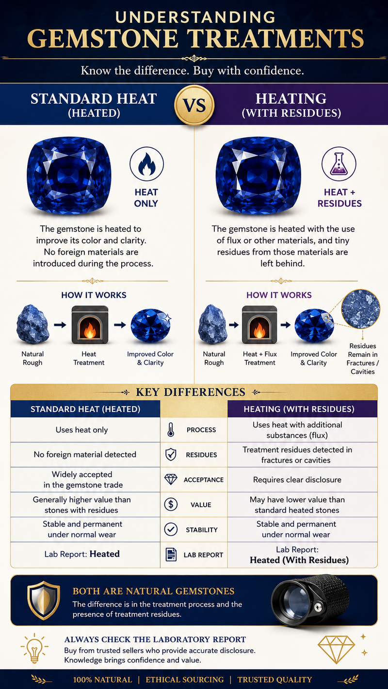 Comparison of standard heat treatment vs heating with residues in natural gemstones