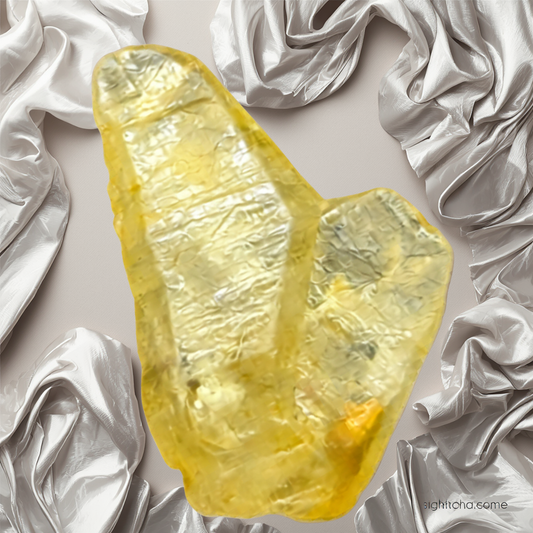 Natural twinned yellow sapphire crystal, 19.4ct with a unique raw structure and warm golden color. A perfect collectible or centerpiece for custom jewelry.