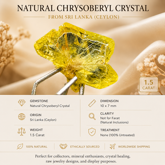 Natural Chrysoberyl Crystal 1.5ct | Rough Gemstone | Ceylon Sri Lanka | Collector Specimen | Untreated | 10x7mm