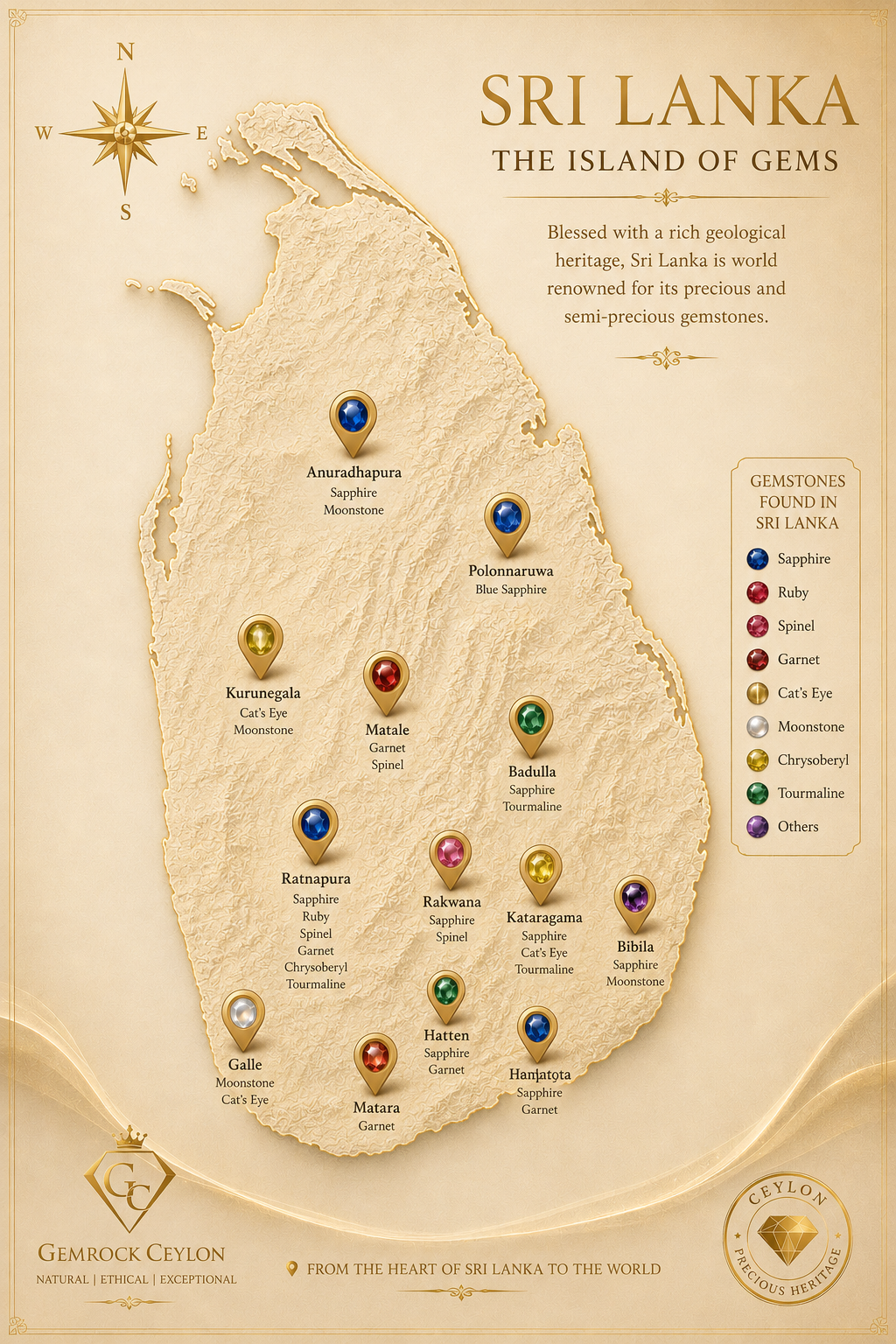 Map of Sri Lanka showing natural gemstone mining locations and gem deposits