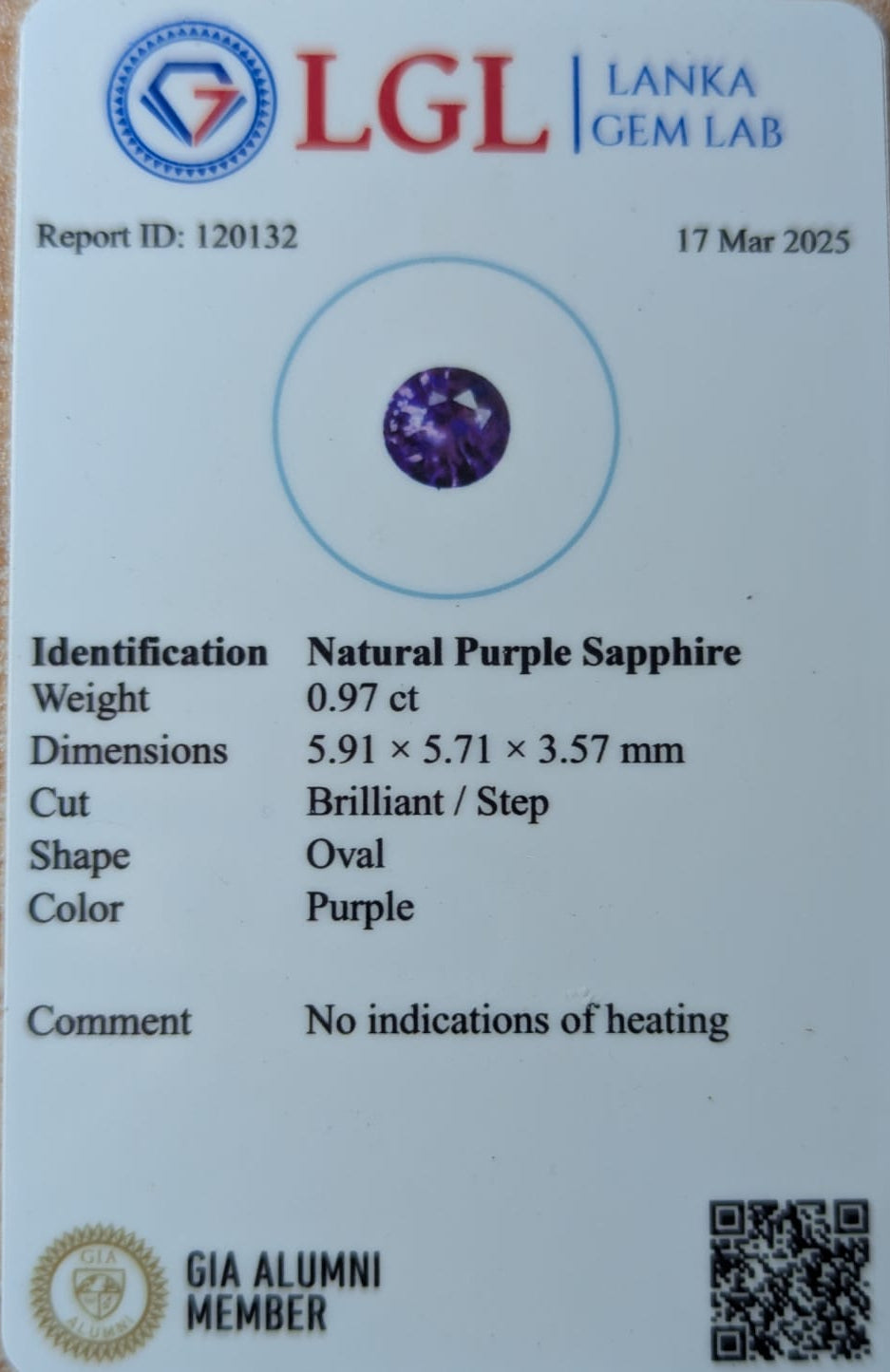 Natural Purple Sapphire 0.97ct (Unheated | IGI Certified)
