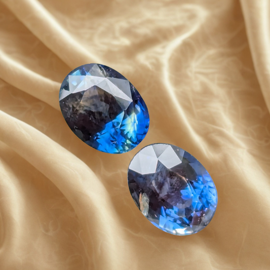 Natural Bi-Color Sapphire Pair 2.08ct | Rare Ceylon Blue Yellow Sapphire Matching Pair | Oval Eye Clean Loose Gemstones for Earrings Jewelry Making